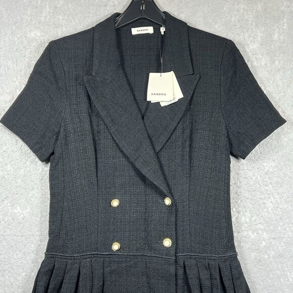 SANDRO Short Coat Mini Dress Pleated H20ROSSA Tweed BLACK US 8/ FR 40 $445 NEW! - Picture 2 of 15